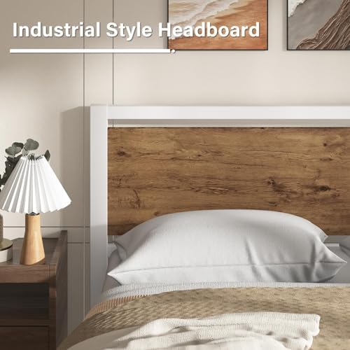 Twin Metal Bed Frame with Industrial Headboard, White Brown