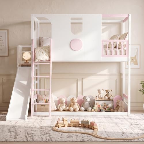 Merax Twin Size Playhouse Bunk Bed with Slide and Storage Shelves, Pink