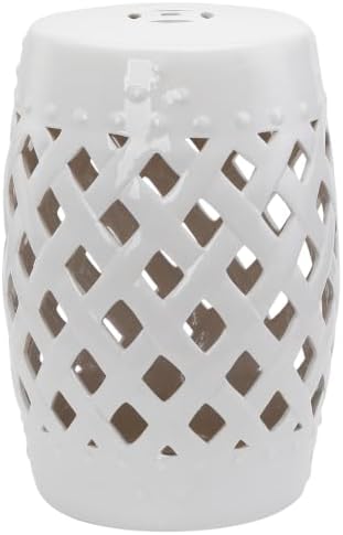 Outsunny 12.5" x 18" Ceramic Garden Stool Outdoor Stool Woven Lattice White