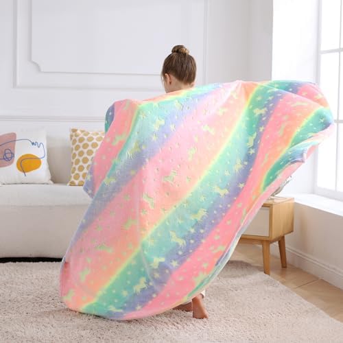 Softan Kids Unicorns Throw Blanket Glow in The Dark, Kids Blanket Gifts for Girls & Boys, Soft Cozy Flannel Luminous Unicorns Blanket for Sofa Couch Bed, Christmas Birthday Gift, 50x60IN