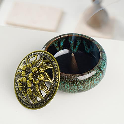 Incense Burner with Calabash Incense Stick Holder - Porcelain Charcoal Censer for Use with Resin Granular Powder Cone or Coil Incense (Kiln-Colored Blue)