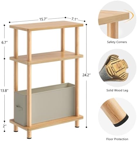 Apicizon Narrow Side Table with Fabric Basket, 3-Tier End Table, Natural