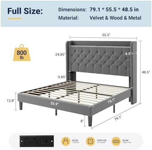 Allewie Full Bed Frame, Storage Headboard & Charging Station, Grey