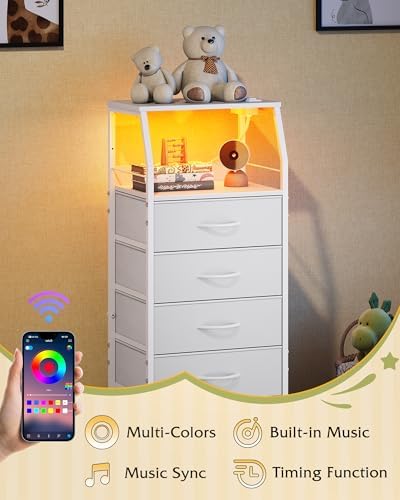 WLIVE Night Stand with Charging Station, White LED 5 Drawers Bedside Table