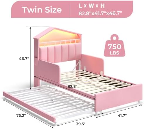 ADORNEVE Twin Size Bed Frame with Trundle & LED Lights,Pink