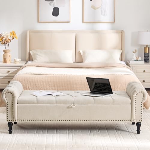 Storage Bed Bench for Bedroom, Chenille 67" End of Bed King Size Benches with Armrest, Tufted Button Upholstered Ottoman Bench for Living Room, Entryway, Camel
