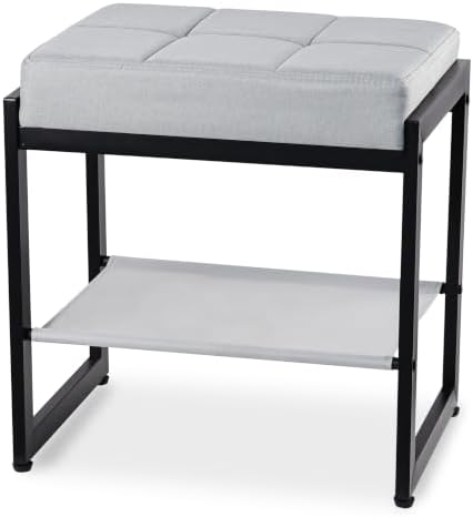 Vanity Stool, Vanity Chair Stools with a Lower Storage Shelf, Square Linen Upholstered Ottoman Bench for Bedroom, Living Room, Small Modern Metal Legs Makeup Chairs, Grey&Black