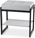 Vanity Stool, Vanity Chair Stools with a Lower Storage Shelf, Square Linen Upholstered Ottoman Bench for Bedroom, Living Room, Small Modern Metal Legs Makeup Chairs, Grey&Black