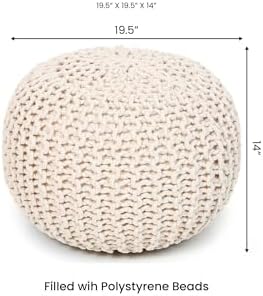 · REDEARTH · Round Pouf Ottoman - Hand Knitted Boho Poof Footrest - Ivory