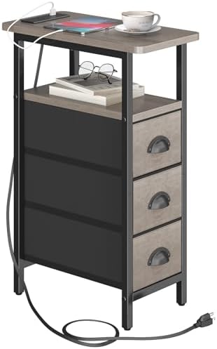 sthmec End Table with Charging Station,Narrow Side Tables with USB Ports and Outlets,Skinny Bedside Tables with 3 Drawers,Small Tables Nightstands for Small Space,Slim Sofa Table for Livingroom,Grey