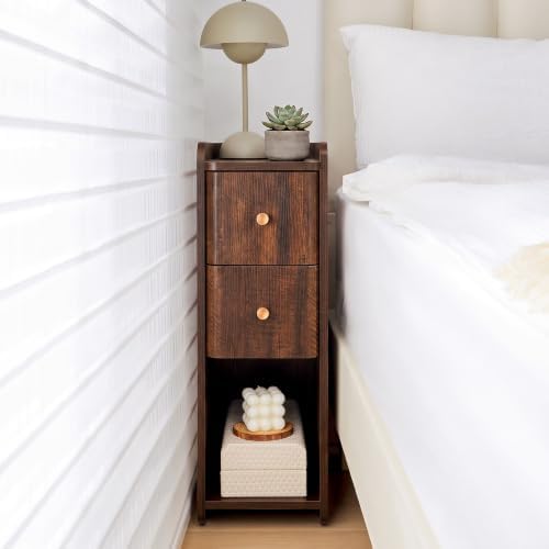 FurSch Narrow Nightstand, Wooden 2 Drawer, Cherry Walnut, 1 pc