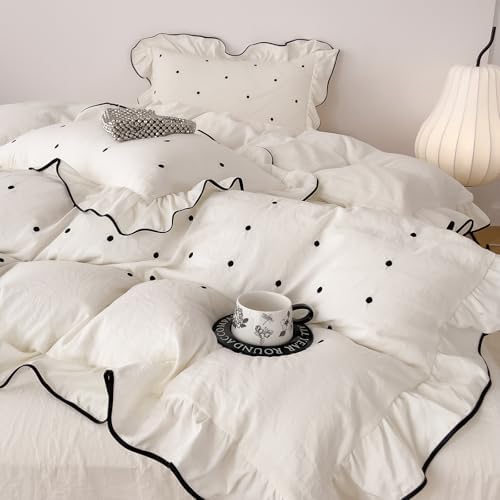 Polka Dot Duvet Cover King Bedding Set, Soft Comfy Microfiber 3 Pieces Princess Style Comforter Cover with 2 Pillowcases, Romantic Ruffle Duvet Cover with Zipper Closure Chic Polka Dot Bedding Set