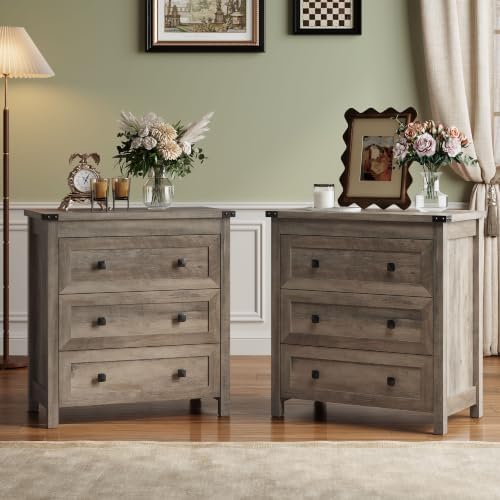 Farmhouse Nightstands Set of 2, Bedside Table with Drawers, Grey