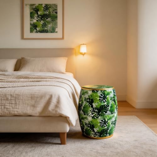 Floral Bird Ceramic Garden Stool, Tropical Rainforest，Green Accent Stool
