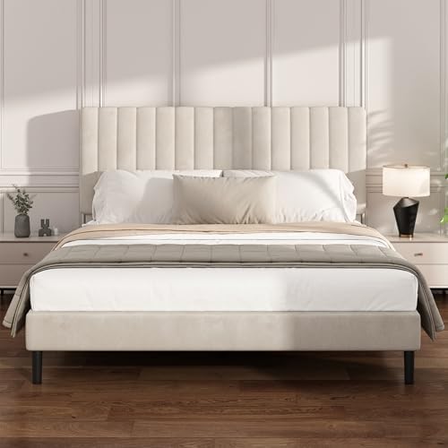 King Velvet Bed Frame with Vertical Channel Tufted Headboard Beige