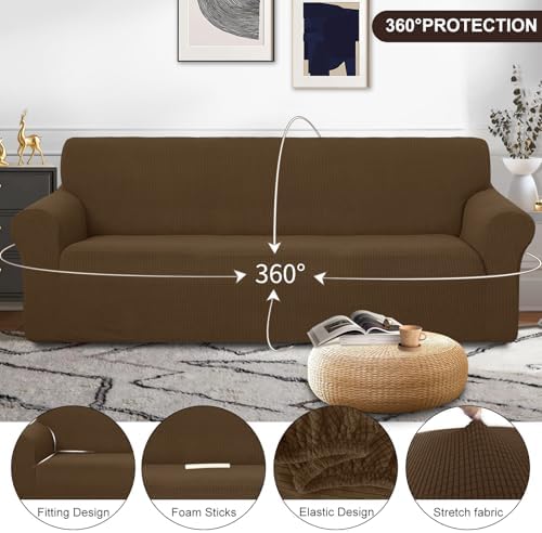 U-NICE HOME 4 Seater Stretch Couch Cover for 3 Cushion Sofa, Brown