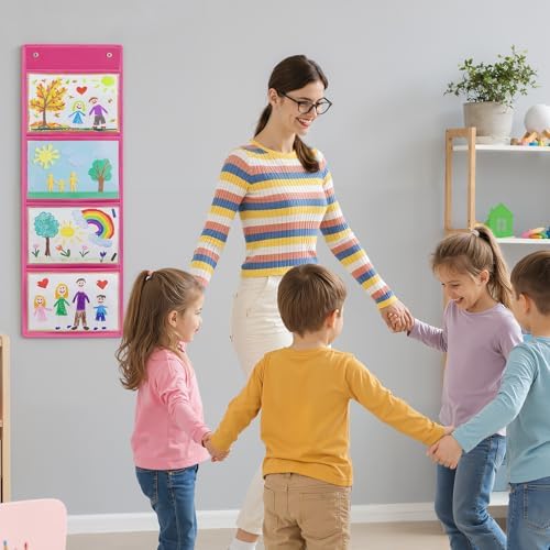 Watersay 2 Pcs Storage Pocket Chart for Classroom, 4 Pockets, Pink