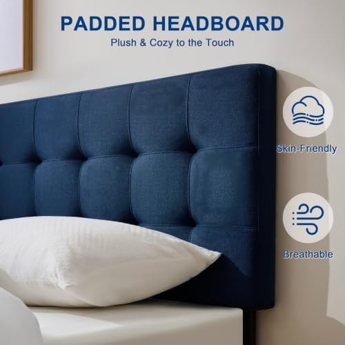 Linen Stitched Tufted Queen Headboard, Adjustable Height 37.2-46 in, Blue