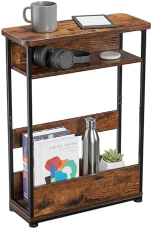 YEAKOO Narrow Side Table,3-Tier End Table with Storage Shelf,Modern Sofa Table Thin Side Table for Narrow and Small Spaces, Skinny Bedside Table Small Nightstand with Magazine Rack Space Saving/Brown