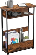 YEAKOO Narrow Side Table,3-Tier End Table with Storage Shelf,Modern Sofa Table Thin Side Table for Narrow and Small Spaces, Skinny Bedside Table Small Nightstand with Magazine Rack Space Saving/Brown