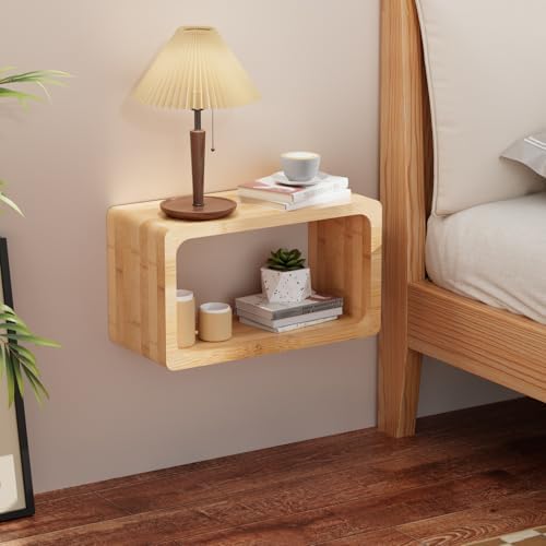 Bamboo Floating Nightstand with Storage Drawer and Modern Open Shelf Cubby，Bedroom, Living Room, Kitchen, Tool Room for use.