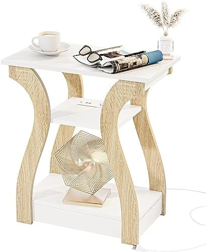 FROMJBEST End Tables Living Room, End Table with Charging Station,White&Oak