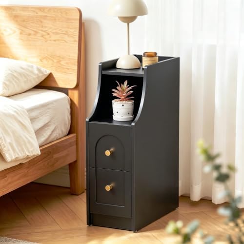 Ultra Narrow Nightstand with Charging Station, Slim Bedside Table with Hidden Power Outlet, 2 Drawers & Open Shelf, Mid-Century Modern End Table with Fenced Top for Small Spaces (Black, 1)