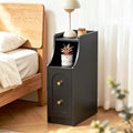 Ultra Narrow Nightstand with Charging Station, Slim Bedside Table with Hidden Power Outlet, 2 Drawers & Open Shelf, Mid-Century Modern End Table with Fenced Top for Small Spaces (Black, 1)