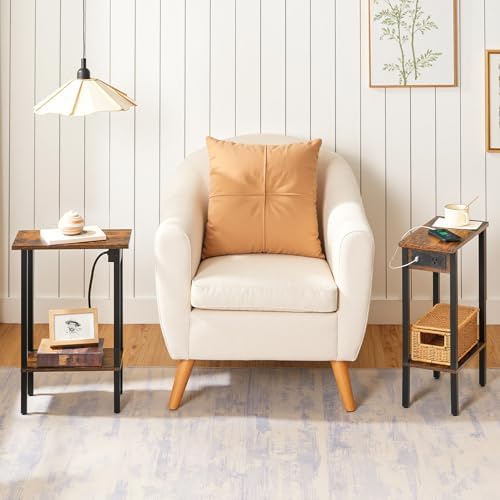 HOOBRO Narrow Side Tables, Set of 2, 2-Tier Slim End Tables with Charging Station, Skinny Nightstands with Open Storage, for Small Spaces, Living Room, Bedroom, Rustic Brown and Black BF240UBZP201
