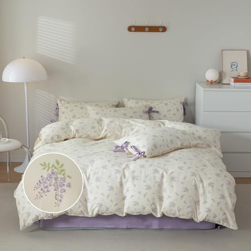 mixinni Cotton Purple Floral Duvet Cover Twin Size Soft Cottage Ribbon Bedding Set Girls Comforter Cover with Zipper 4 Corner Ties for Teenage Girls (1 Duvet Cover + 2 Bowknot Pillowcase)-Twin Size