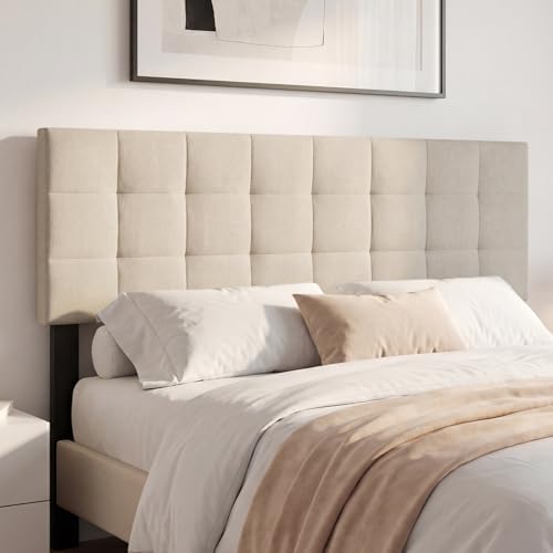 KOMFOTT Linen Upholstered Headboard for Full & Queen Size Bed, Quadrate Channel Tufted Rectangular Headboard with Solid Wood Legs & Adjustable Width, Padded Bed Backboard, Easy Assembly (Beige)