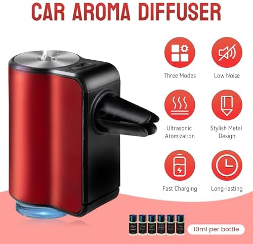Featwell Car Air Freshener, Three Adjustable Modes Intelligent Aroma Diffuser, Rechargeable Car Diffuser Air Freshener, Red
