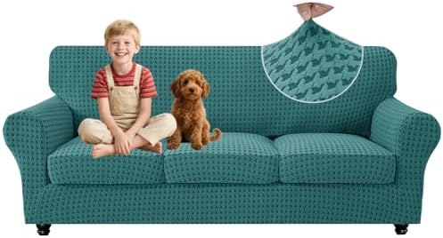 MAXIJIN 4 Pieces Stretch Couch Covers for 3 Cushion Sofa Pet Friendly Couch Cover for Dogs Washable Sofa Slipcovers Thick Soft Furniture Protector with Non Slip Strap (Peacock Blue, 71"-91")
