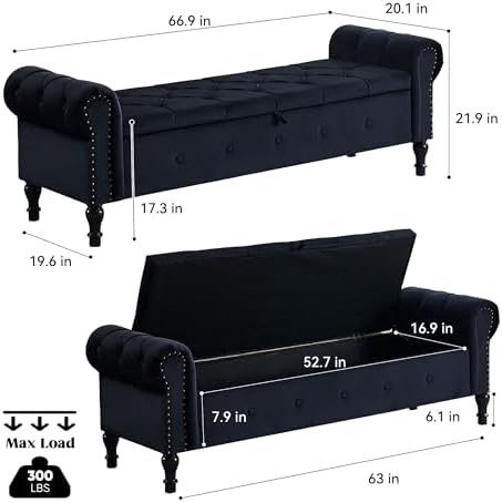 Storage Bench 67" Velvet End of Bed Benches Black