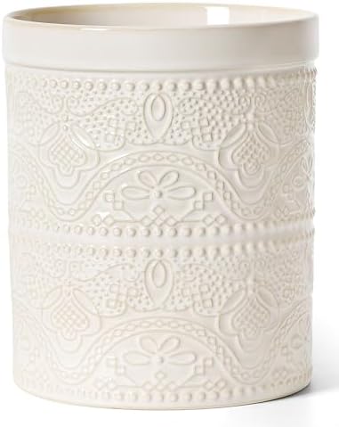 FUN ELEMENTS Kitchen Utensil Holder, 7.2" Super Large Utensil Crock Heavy and Stable Lace Emboss Ceramic Utensil Holder for Kitchen Counter (Lace Emboss)