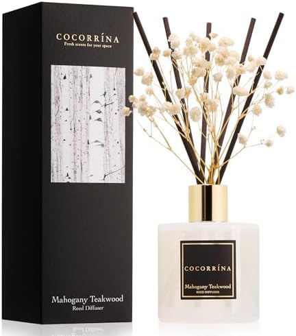 COCORRÍNA Reed Diffuser - Mahogany & Teakwood 6.7 fl oz Scented Diffuser with 8 Sticks Home Fragrance Reed Diffuser for Bathroom Shelf Decor