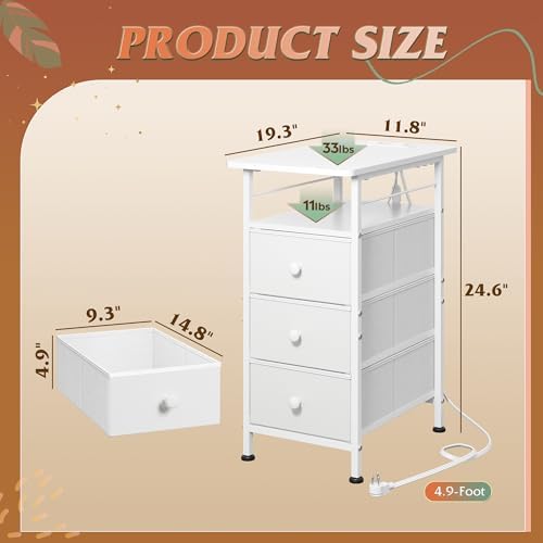 WLIVE Night Stand with Charging Station, End Table with 3 Fabric Drawers