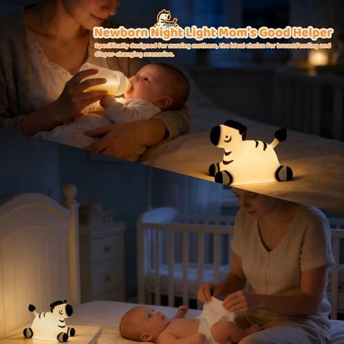 Zebra Silicone Night Light, Kawaii LED Cute Bedside Night Lights Dimmable Touch Control USB Rechargeable Squishy Lamp with Timer for Bedroom Animal Decor Adults Birthday Gifts Party Travel