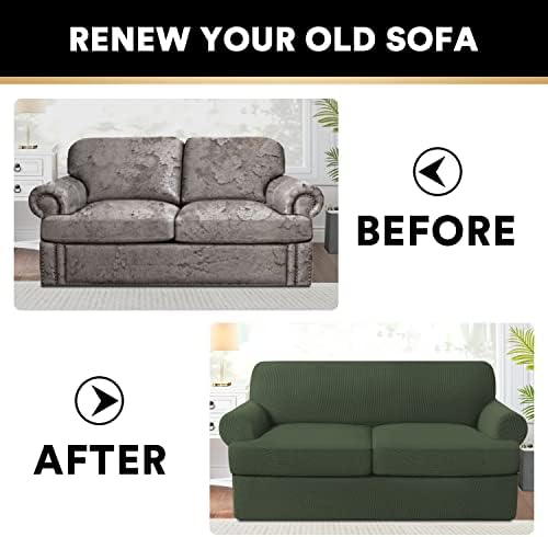 PrinceDeco T Cushion Sofa Slipcover 3 Pieces for Sofa, Soft Couch Cover, Furniture Covers with 2 Individual T Cushion Shape Seat Covers Width Up to 88 Inch, Washable, Bronze Green