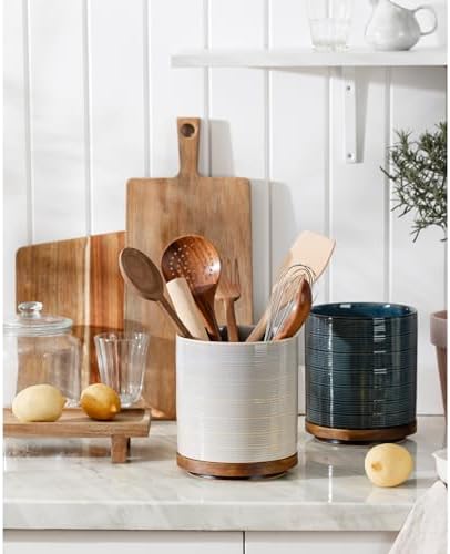 Utensil Holder, 360° Rotating Extra Large Ceramic Kitchen Utensil Holder for Countertop, 7.3“ Cooking Utensil Crocks for Kitchen Counter with Rotatable Wooden Base, Farmhouse Decor, Grey
