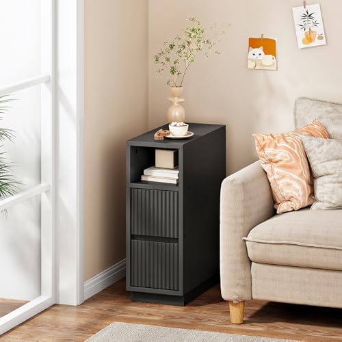 CHOEZON 8.7" Narrow Fluted Nightstand, Small Bedside Table with Drawers, Skinny Side Table, Modern Nightstand with 1 Semi-Open Shelf, Floating End Table, for Living Room, Bedroom, Black MBZ12BB