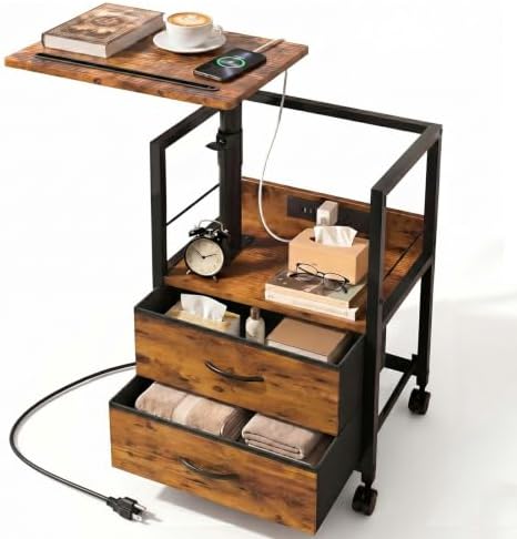 Faesun Night Stand with Charging Station & Swivel Top, Brown
