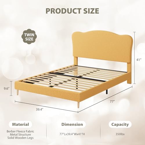 Garvee Upholstered Twin Size Bed Frame for Kids with Scallop Headboard, Cute Velvet Twin Bed for Girls, Boys, Sturdy Platform Bed, No Box Spring Needed, Wooden Slats, Noise Free, Yellow