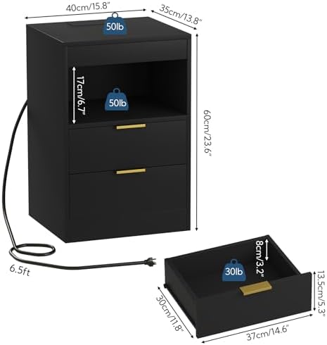 Yusong Nightstand, LED Nightstand with Charging Station, Black