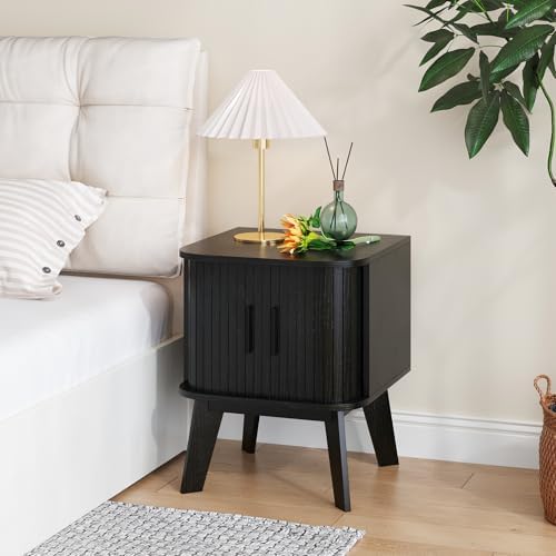 Nightstand with Sliding Roller Shutter Doors&Solid Wood Legs,Black