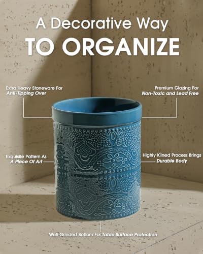 FUN ELEMENTS Kitchen Utensil Holder, 7.2" Super Large Utensil Crock Heavy and Stable Lace Emboss Ceramic Utensil Holder for Kitchen Counter (Grayish Blue)