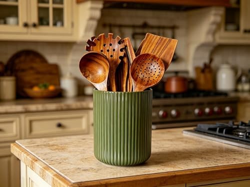Large Stoneware Kitchen Utensil Holder for Kitchen Counter & Countertop Cooking Utensil Holder Spatula Holder Utensil Crock for Kitchen Counter Vertical Ribbed Fluted Stripe (Retro Green)