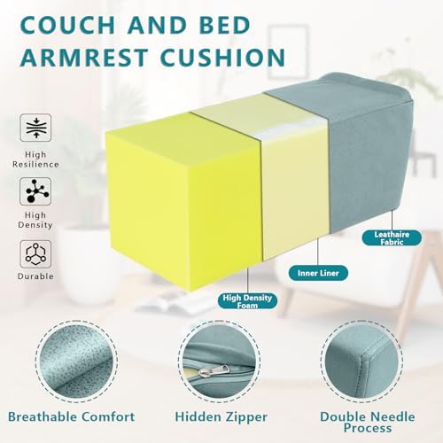 2 Pack Couch Arm Rest Pillow, 8''x8''x20'' Faux Leather Waterproof Cover, High Density Foam Armrest Cushion, Removable & Washable Elbow Support for Sofa, Bed, and Armchair (Blue)