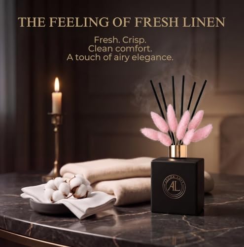 Black Reed Diffuser Sticks in Oil Set with Fresh Linen Scent | Long-Lasting Reed Diffusers for Home, Office & Bedroom Decor Fragrance Diffuser | BunnyTail Pink Dried Flowers | (5 oz)