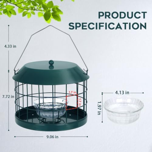 Gbekery Bluebird Feeder for Mealworms with Glass Bowl for Outdoors, Green